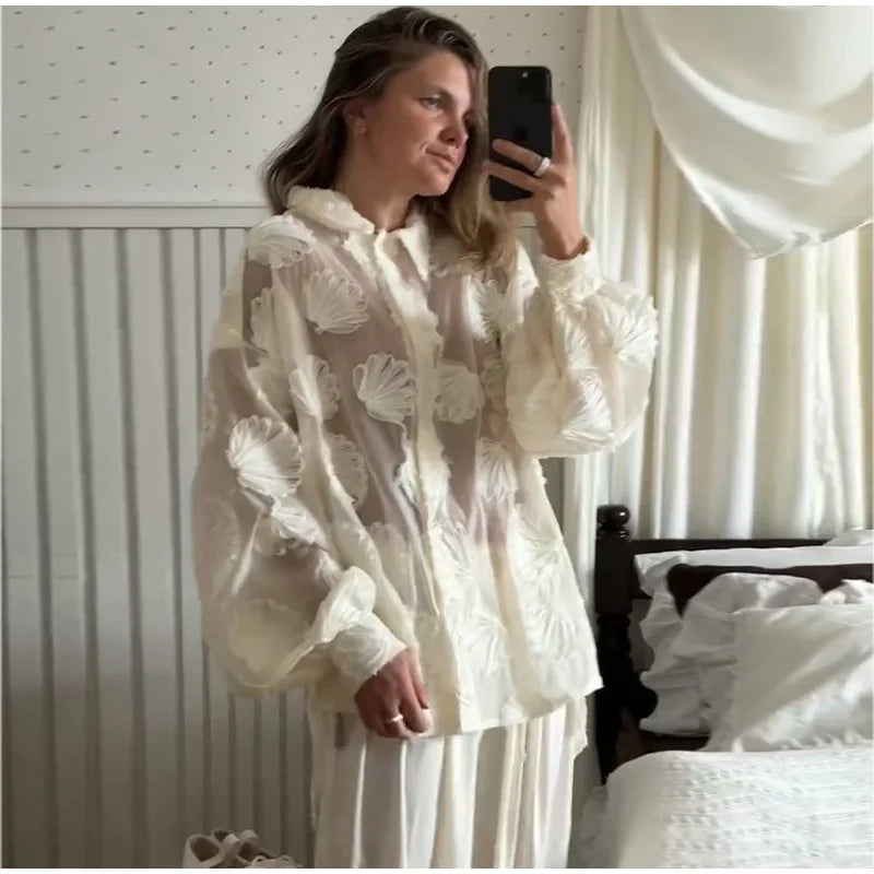 Elegant 3D Flower Lapel Long Sleeve Shirt for Women