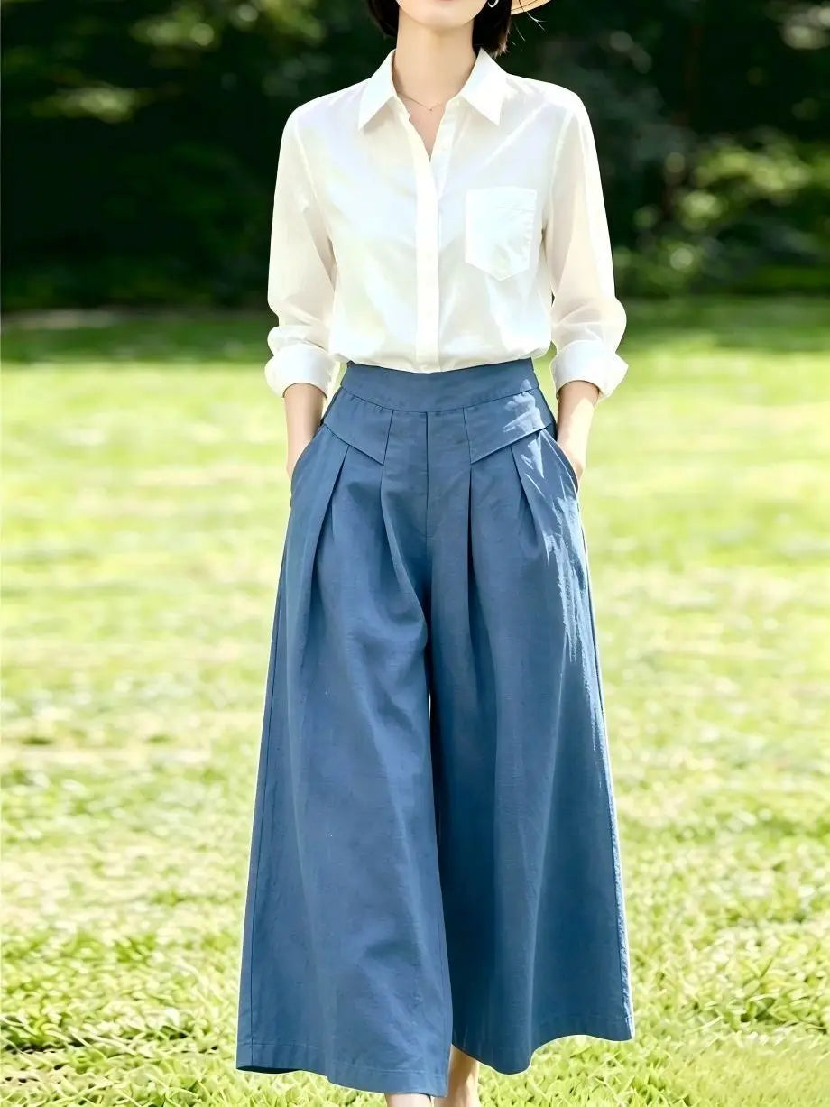 High-Waisted Cotton Linen Wide-Leg Culottes for Women