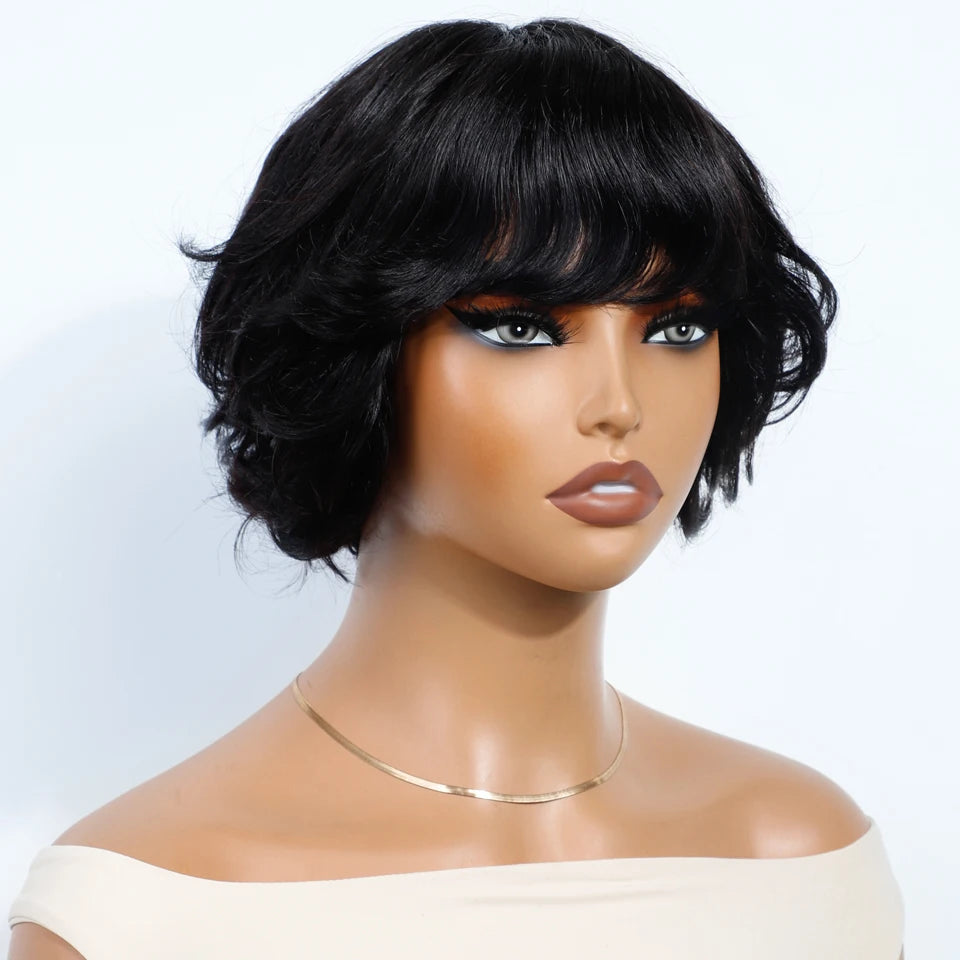 Remy Human Hair Short Pixie Cut Wavy Bob Lace Closure Wig for Women