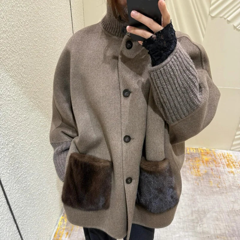 Loose Knit Fur Standup Collar Long Sleeve Pocket Cardigan for Women