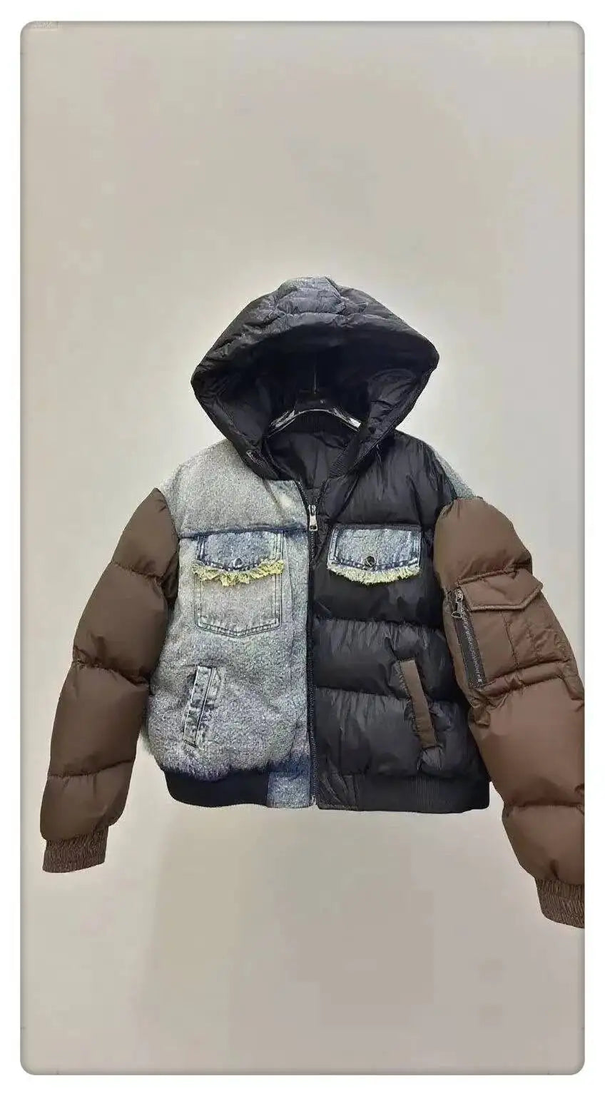 ANJY Autumn Winter New Women European Trendy Padded Coat Heavy-Duty Denim Patchwork Pocket Color-Block Hooded Down Jacket A12508