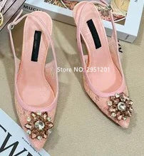 Pink Floral Print Rhinestone Slingback Dress Pumps High Heels For Women