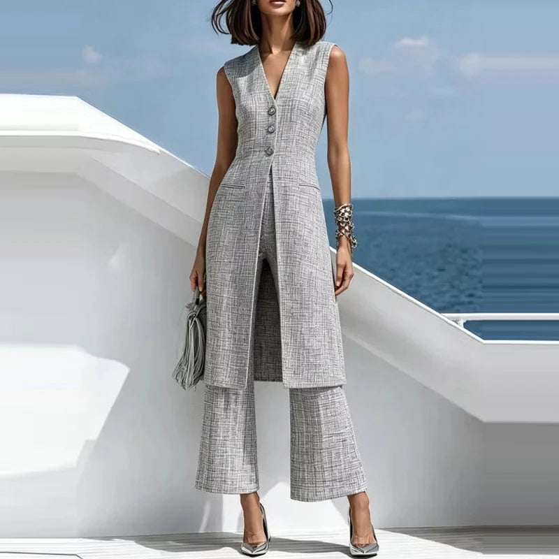 Elegant V-Neck Sleeveless Two-Piece Pants Set for Women