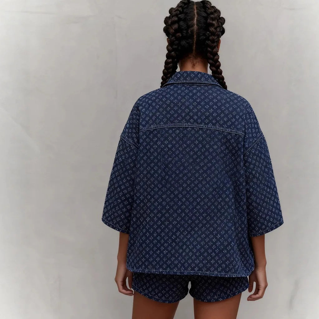 Casual Two-Piece Denim Set With Lace-Up Shorts for Women