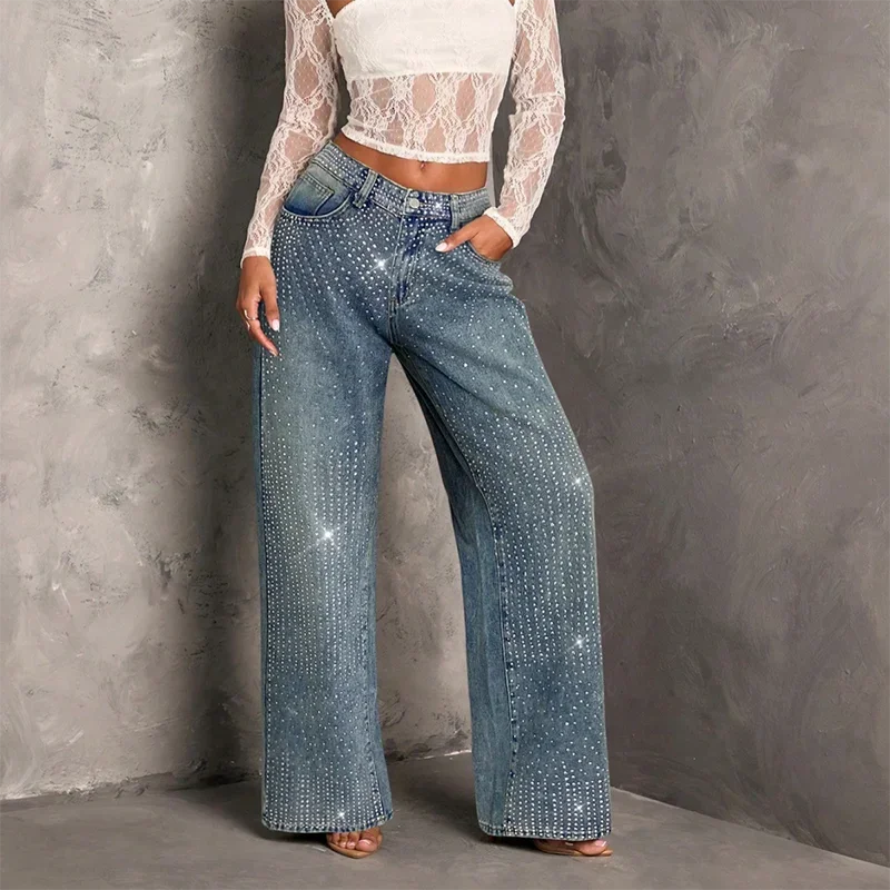 Rhinestone Decor High Waist Stretch Denim Jeans for Women