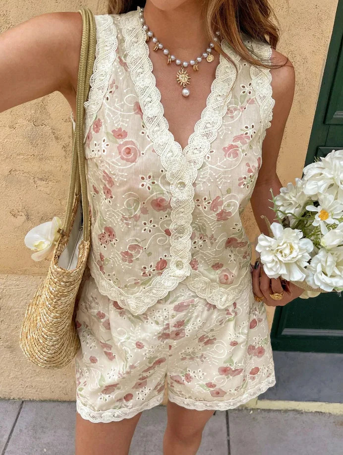 Lace-Trimmed V-Neck Printed Hollow Vest Top and Shorts Set for Women