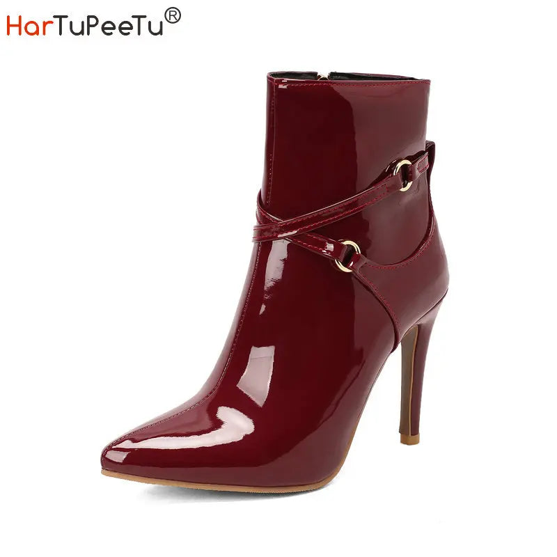 Glossy Patent Leather Pointed Toe Stiletto Ankle Boots for Women