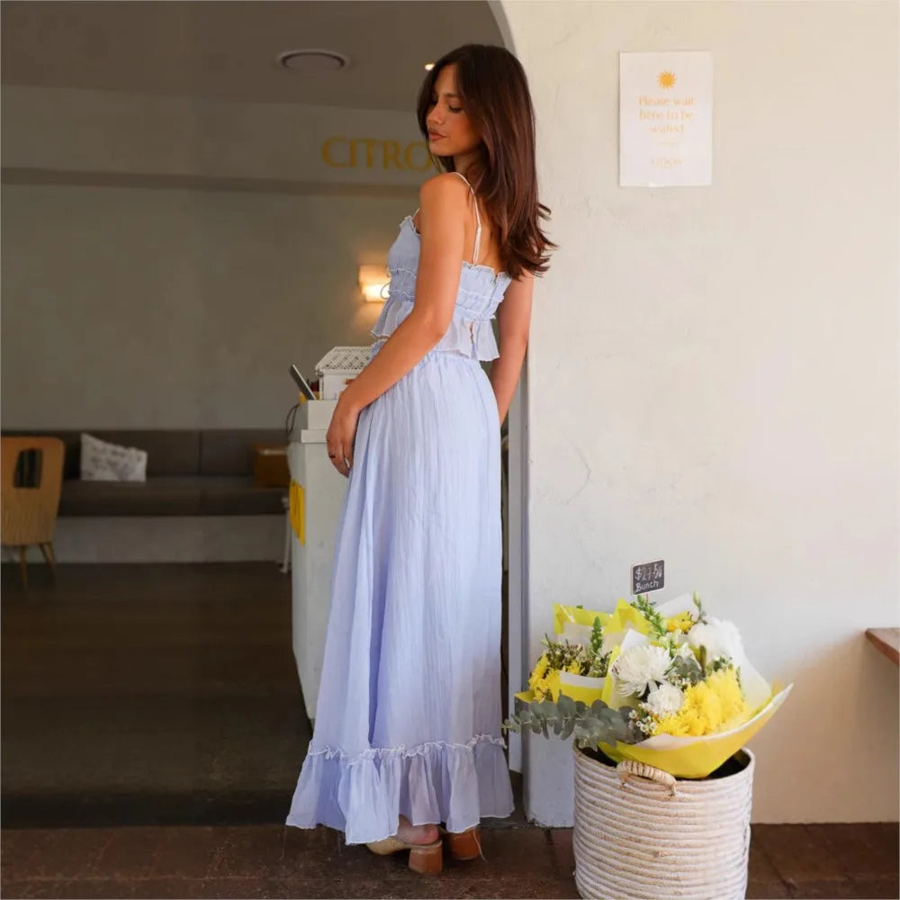 Pleated Bow Suspender Top and Skirt Two Piece Set for Women