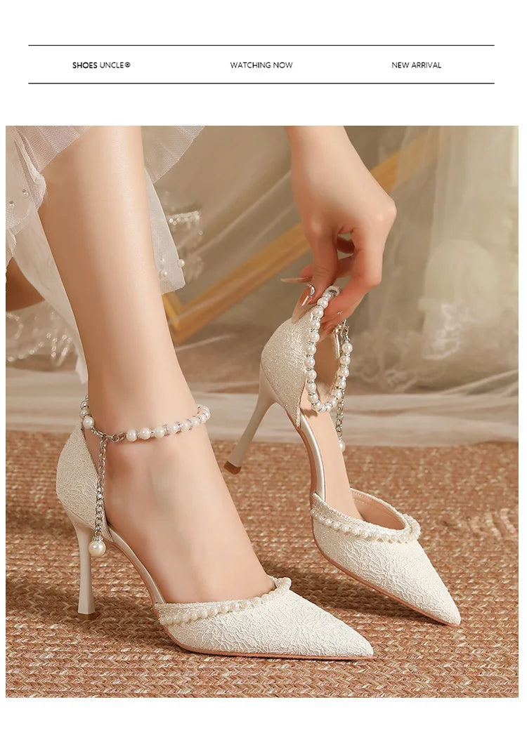 White Pearl Buckle Pointed Bridal Heels