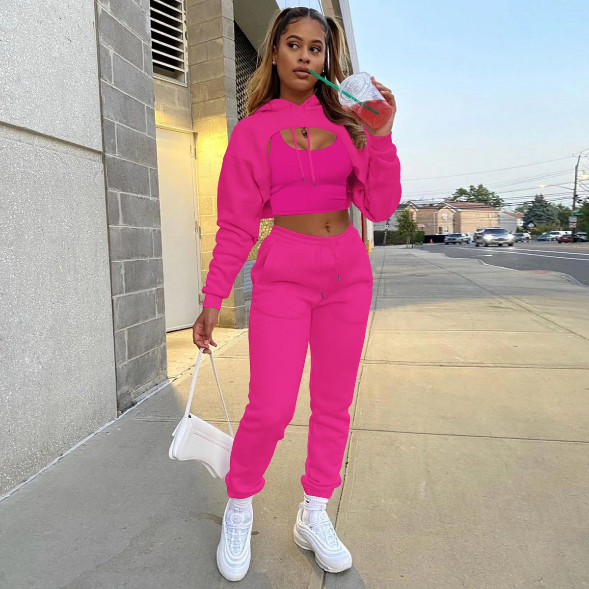 Three-Piece Hooded Sporty Matching Tracksuit Set for Women