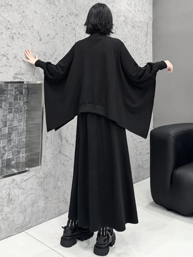 [EAM] Black Sweatshirt Half-body Skirt Two Pieces Suit New Turtleneck Long Sleeve Women Fashion Tide Spring Autumn 2025 1DH8611