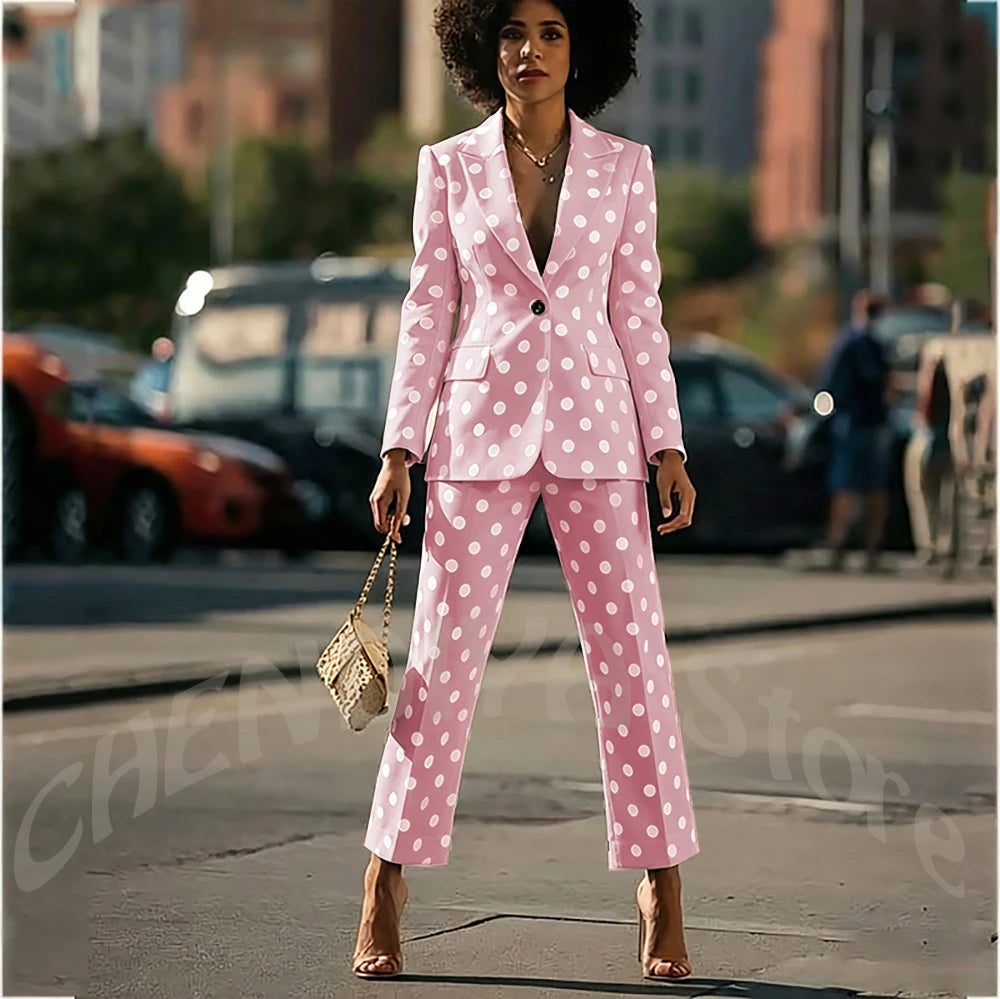 White Polka Dot Women's Suit 2 Pieces New Design Single Button Blazer Ankle Pants Fashion Set Formal Party Business Office Wear