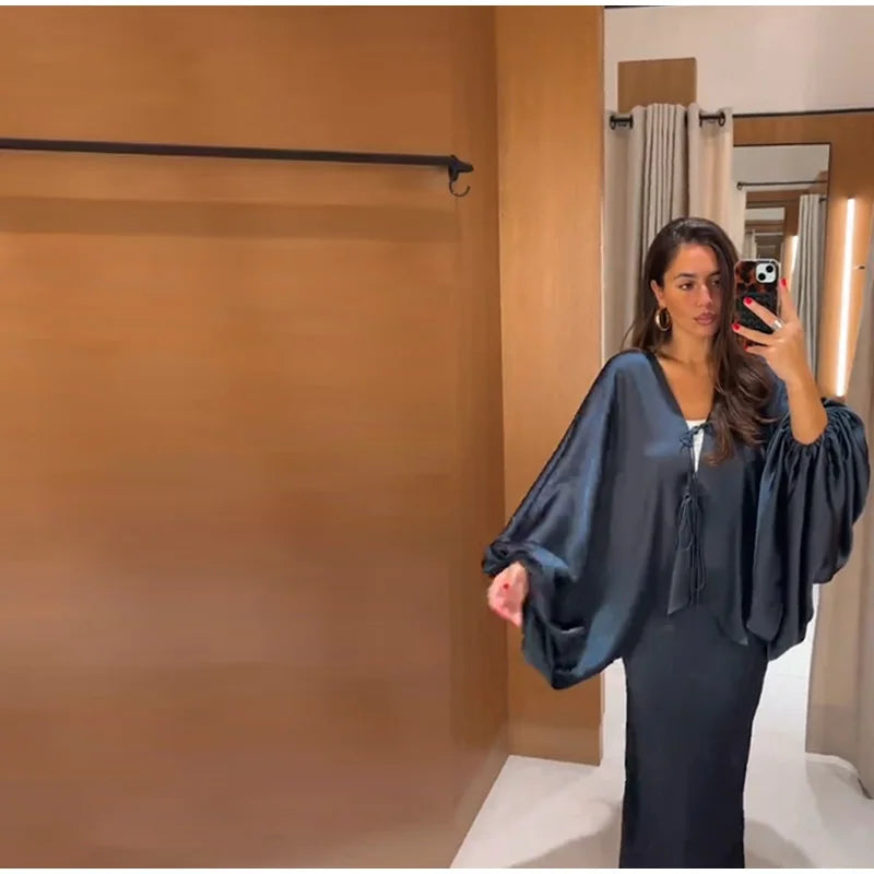 Casual Solid Batwing Sleeve Shirt Skirt Set for Women