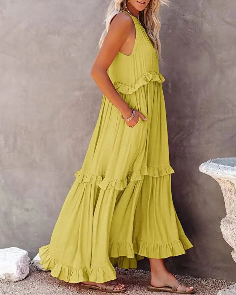 Solid Ruffled Sleeveless Maxi Sundress for Women
