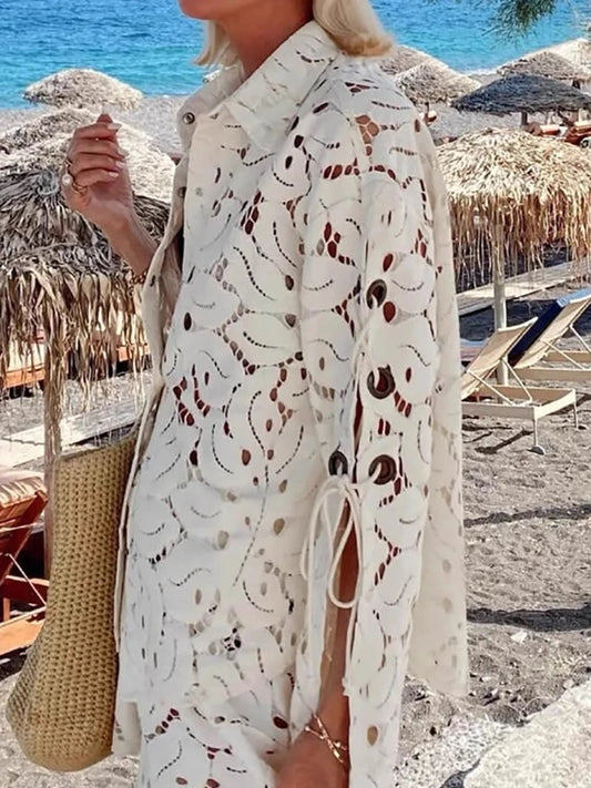 Casual Long Sleeved Loose Two Piece Sets Summer Vacation Sexy Hollow Out Lace Suit Women's Lapel Shirt and Shorts Beach Outfits