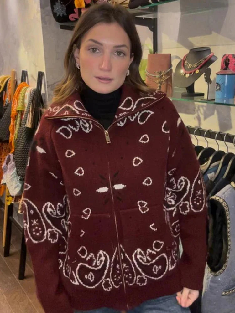 Loose Jacquard Cardigan With Stand Collar And Zipper Pockets For Women