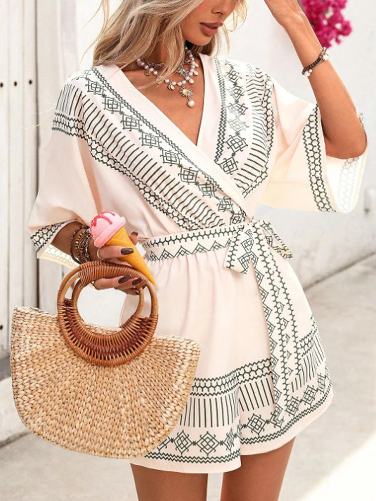 Ladies Belted Five-Quarter Sleeve Geometric Print Dress Shorts Perfect for Beach Sunbathing and Summer Vacations