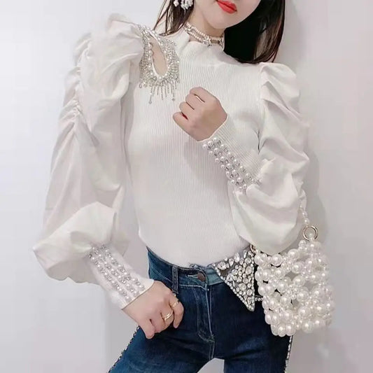 Women Shirts Nail Bead Tassel Hollowed Out Wool Knitted Shirt for Women Spring and Autumn of 2025, Lantern Sleeve Top