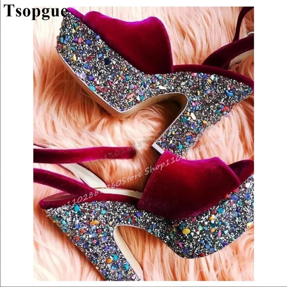 Stylish Red Suede Glitter Platform Sandals Thick Heel Women Shoes Ankle Buckle Strap Open Toe Luxury Sparkling Banquet Sandals