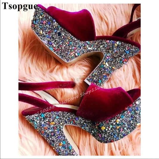 Stylish Red Suede Glitter Platform Sandals Thick Heel Women Shoes Ankle Buckle Strap Open Toe Luxury Sparkling Banquet Sandals