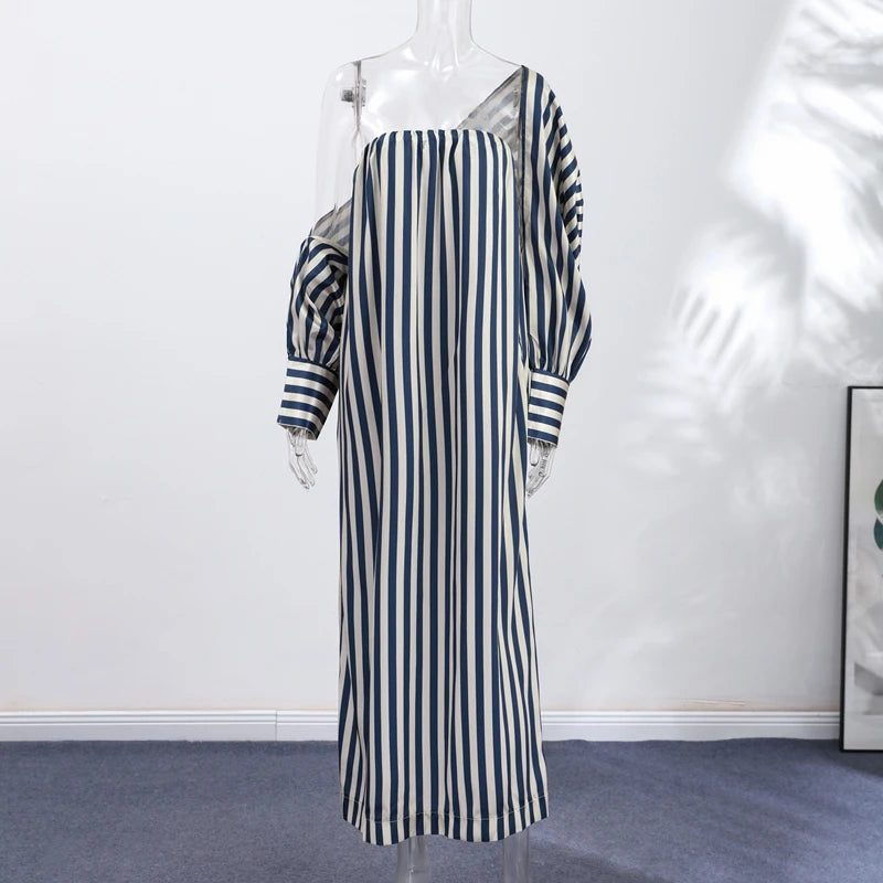 Striped Strapless Maxi Dress Set With Detachable Shawl for Women