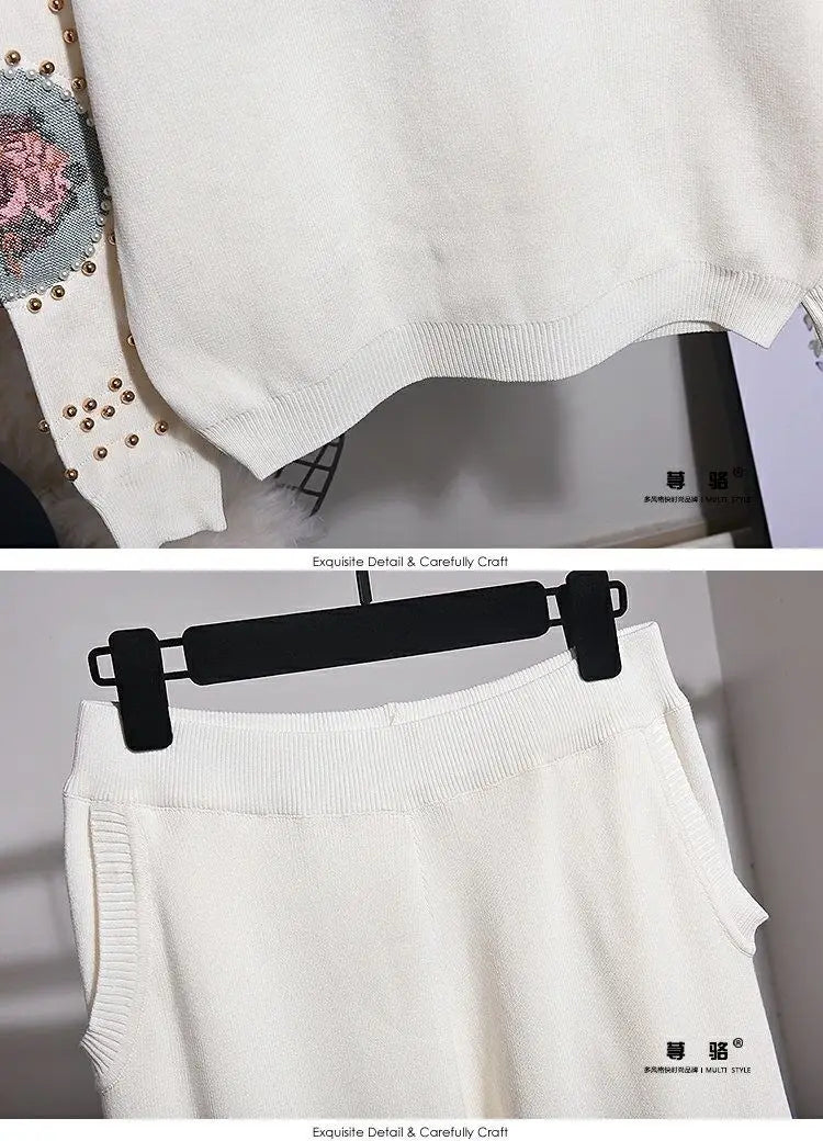 Spring Autumn Women Knitting Suits Trendy Beading Cross Stitch Pullover Sweater Top + Loose Casual Harem Pants White Knit Sets