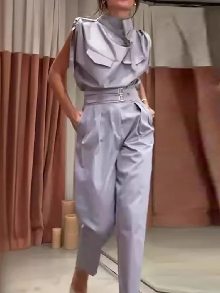 Sleeveless Turtleneck Simple Matching Set, Women Summer Cargo Pants Fashion Outfit, Solid Patchwork Chic Ladies Suits Streetwear