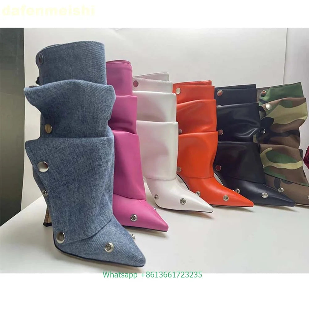 Pleated Stiletto Pointed Toe Leather Ankle Boots With Rivet Buckle For Women