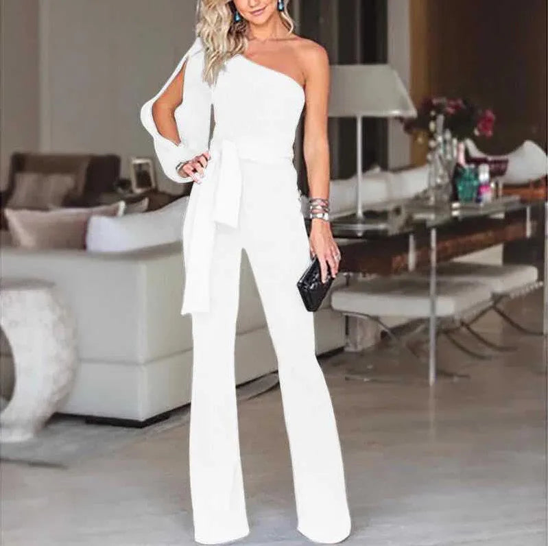 Solid Color Off-Shoulder Lace-Up Slim High Waist Jumpsuit for Women