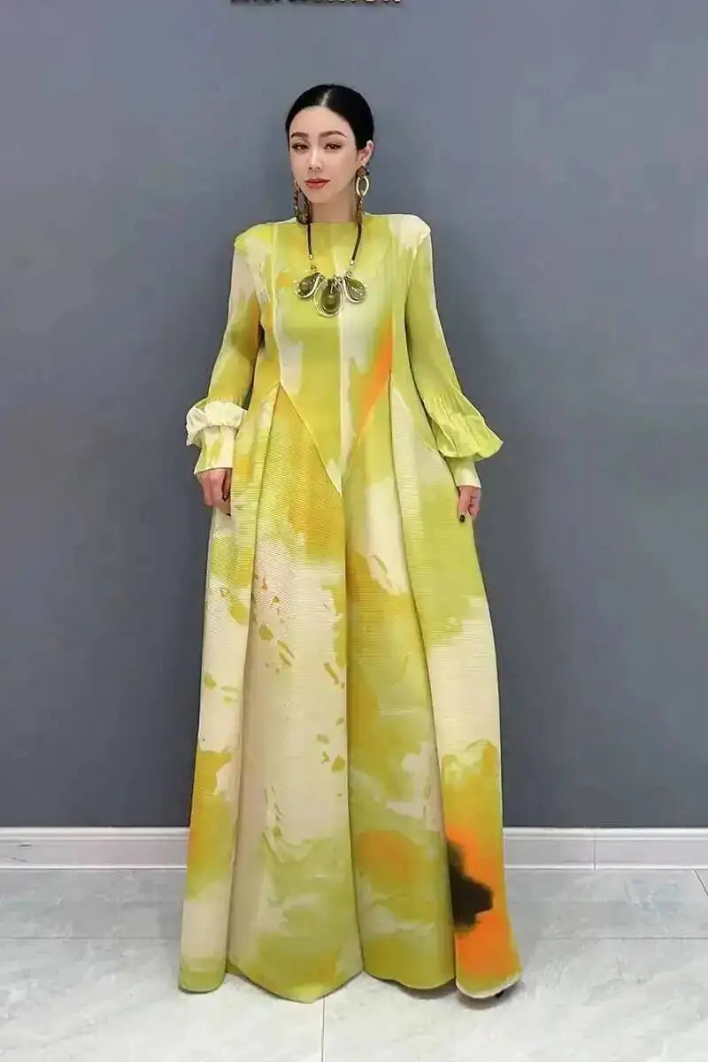Printed Chiffon Ankle Length Dress With Bubble Sleeves for Women