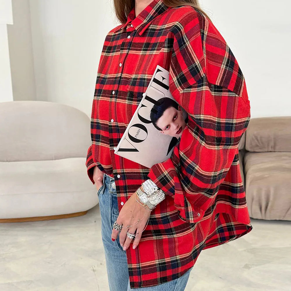 FSMG-Versatile Plaid Shirt For Women, Red Bright Grid, Oversized Blouse, Leisure And Fashionable Top, Spring And Autumn Seasons