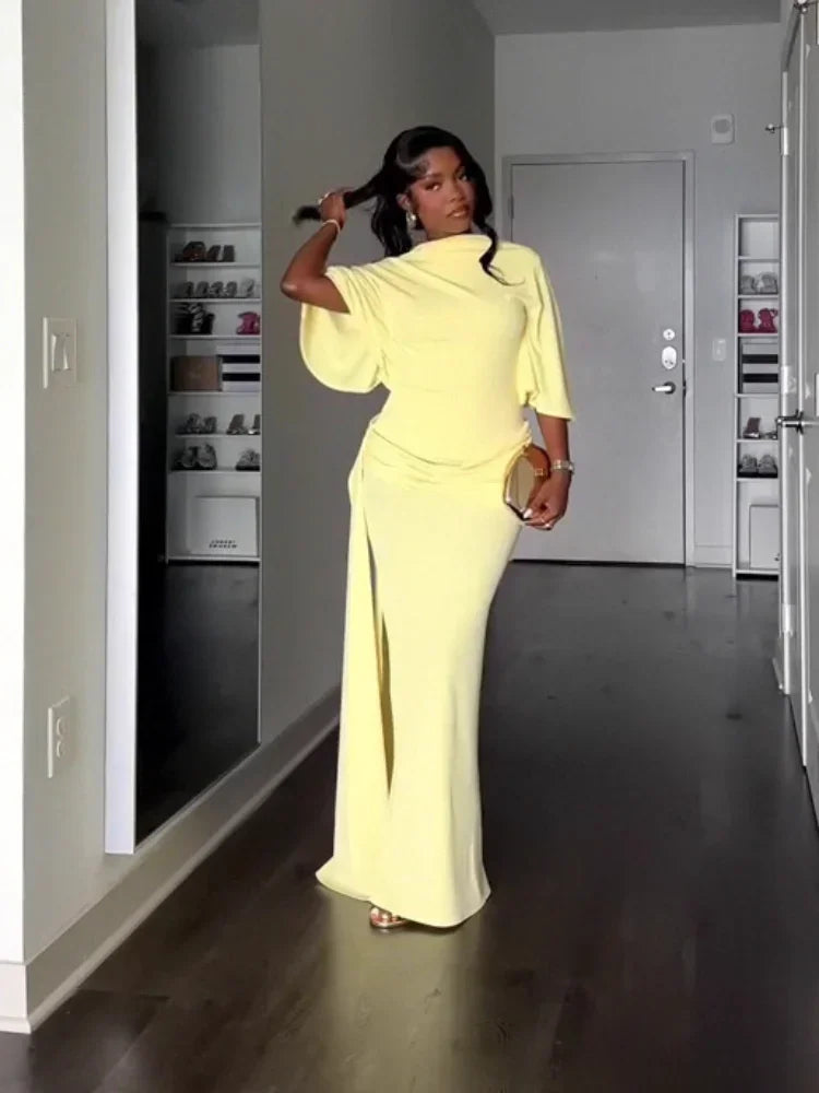 Yellow Backless Slit Evening Dress With Cinched Waist For Women