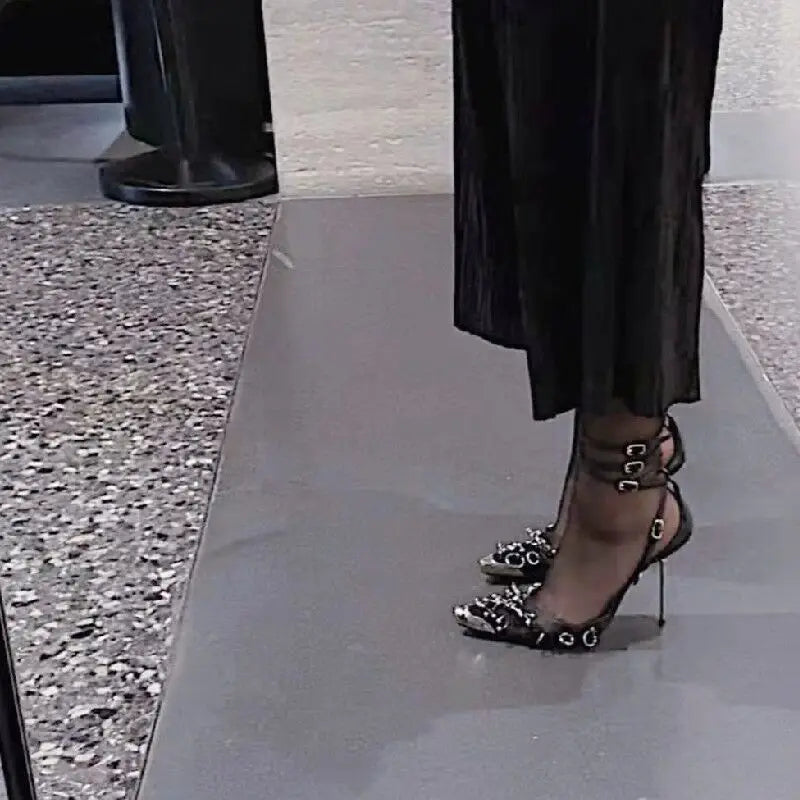 Genuine Leather Mesh Silver Buckle Strap Pumps for Women