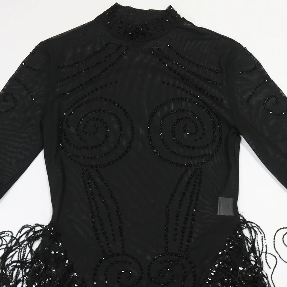 Rhinestone Mesh Tassel Bodycon Mini Dress for Women