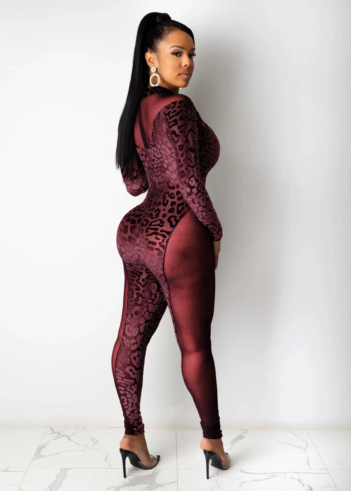 Sheer Leopard Mesh Jumpsuit With Long Sleeves for Women