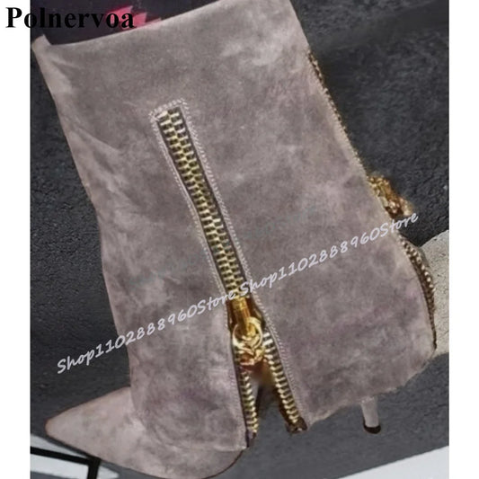 Gray Mid Calf Fold Over Metal Zipper Pointy Boots Suede Thin High Heel Shoes For Women Pointed Toe Trending Zapatos Para Mujere