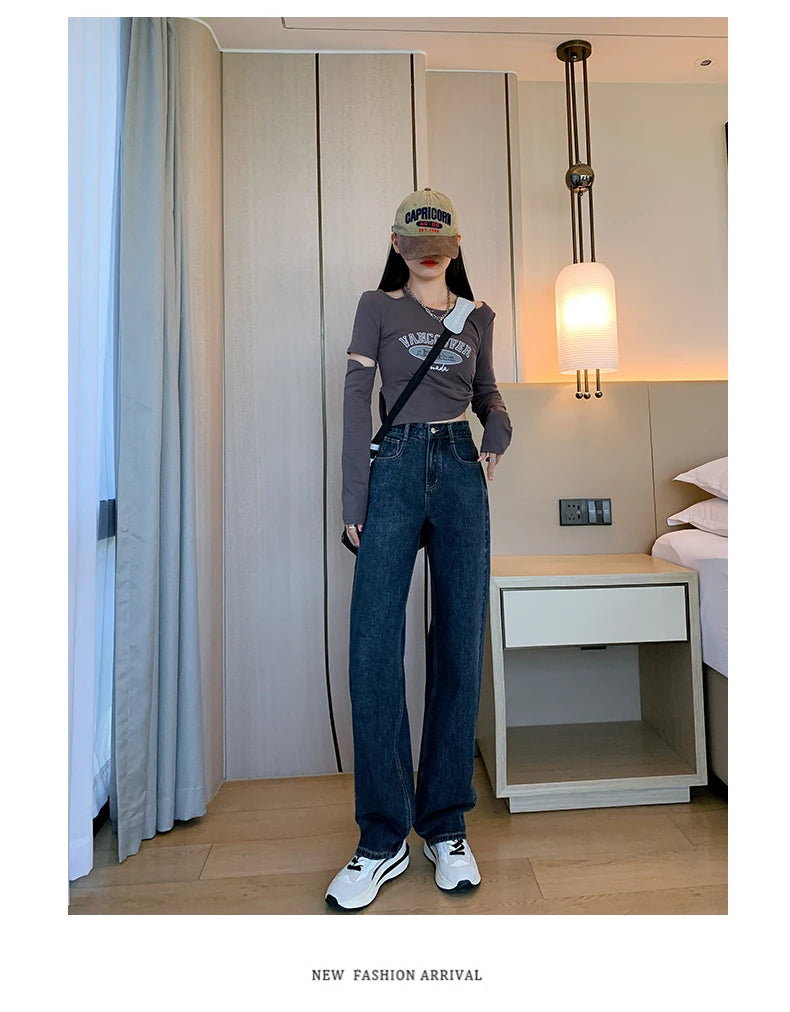 High Waist Casual Wide Leg Straight Jeans for Women