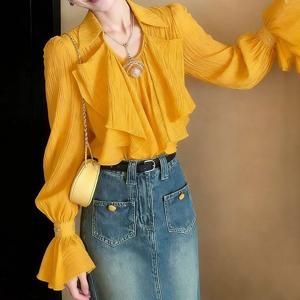 French Niche Ruffle Detail Loose Fit Shirt in Yellow for Women