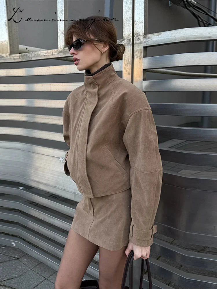 Vintage Suede Jacket and Mini Skirt Two Piece Set for Women