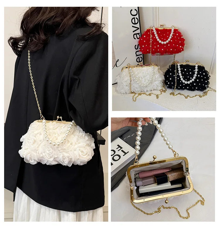Pearl Floral Chain Evening Crossbody Bag