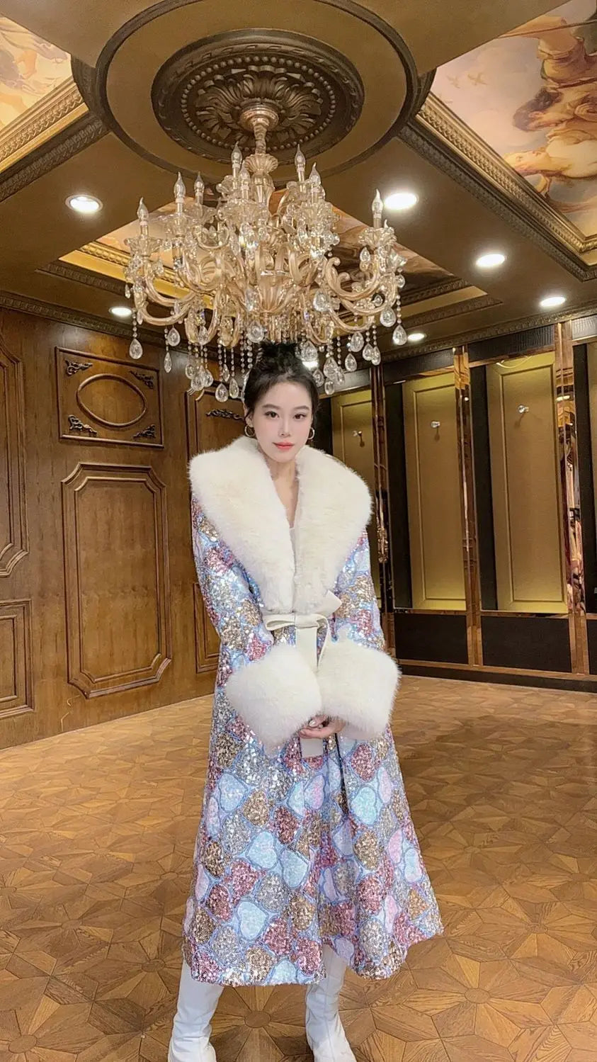 Faux Fur Coat for Women,Adjustable Waist Long Jacket,V-Neck Outwear,Sequins,Spliced,Luxury,Autumn and Winter