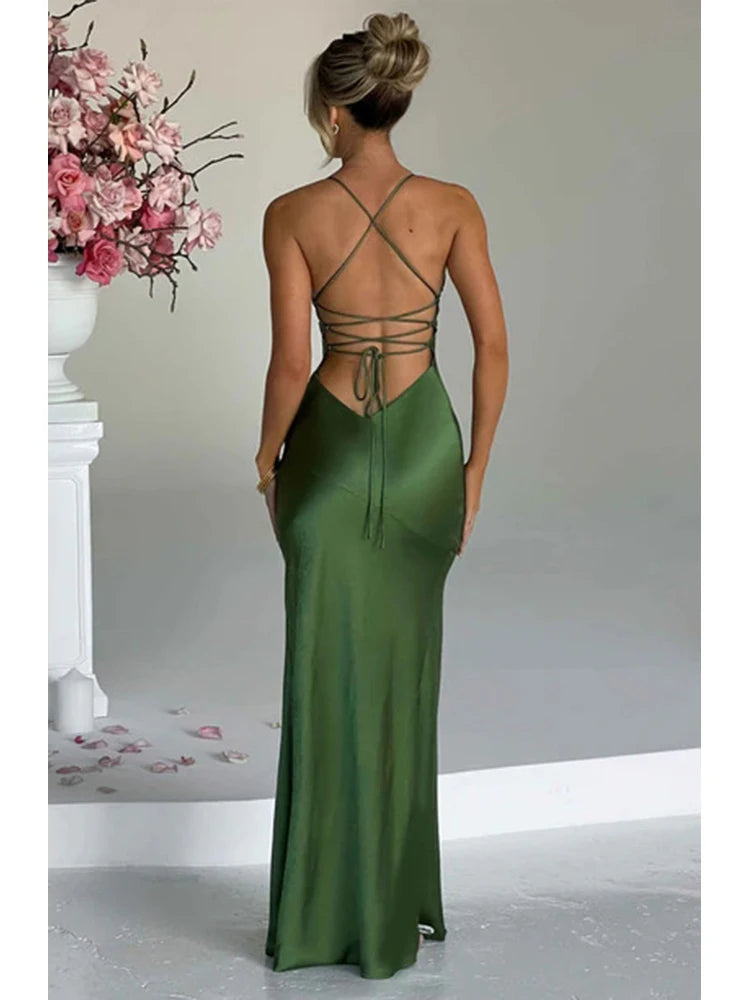 Elegant Backless Satin Maxi Dress With Lace Up For Women