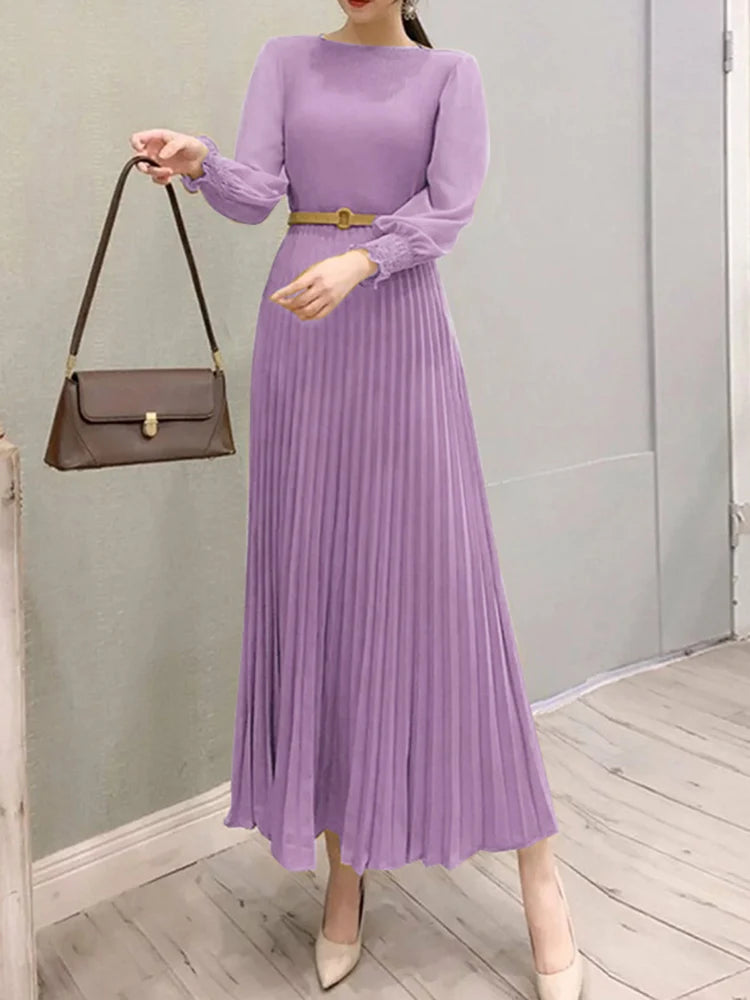 Pleated Lantern Sleeve Maxi Dress