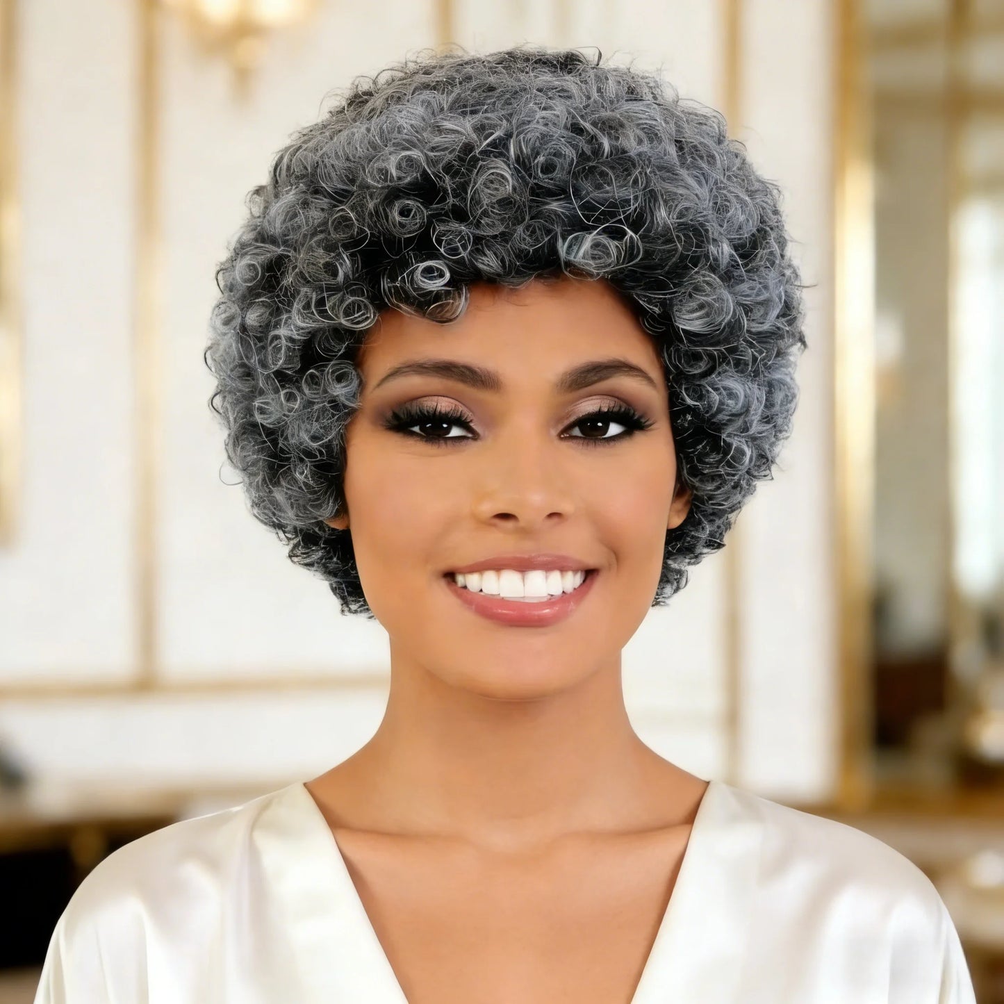 Grey Human Hair Wig for Women Short Curly Bangs Wig Mom/Grandmother Daily Use 6 Inch Bouncy Curly Wigs Full Machine Made Wigs