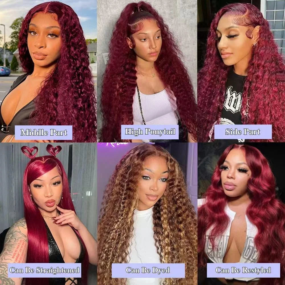 Preplucked Burgundy Deep Wave Lace Front Wig for Women