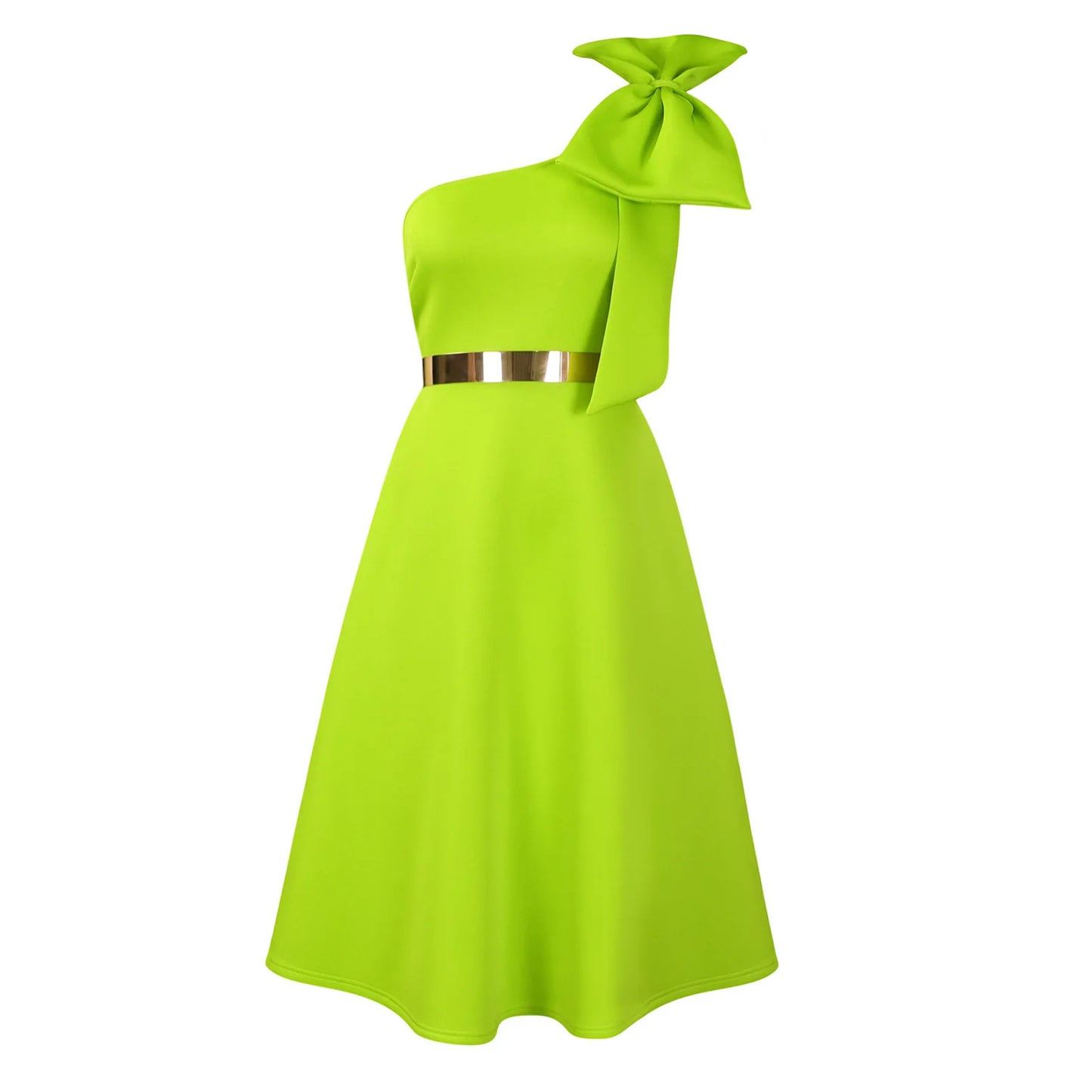 Dress One Shoulder A Line Pleated Knee Length Sleeveless Bow Belt Elegant Party Style