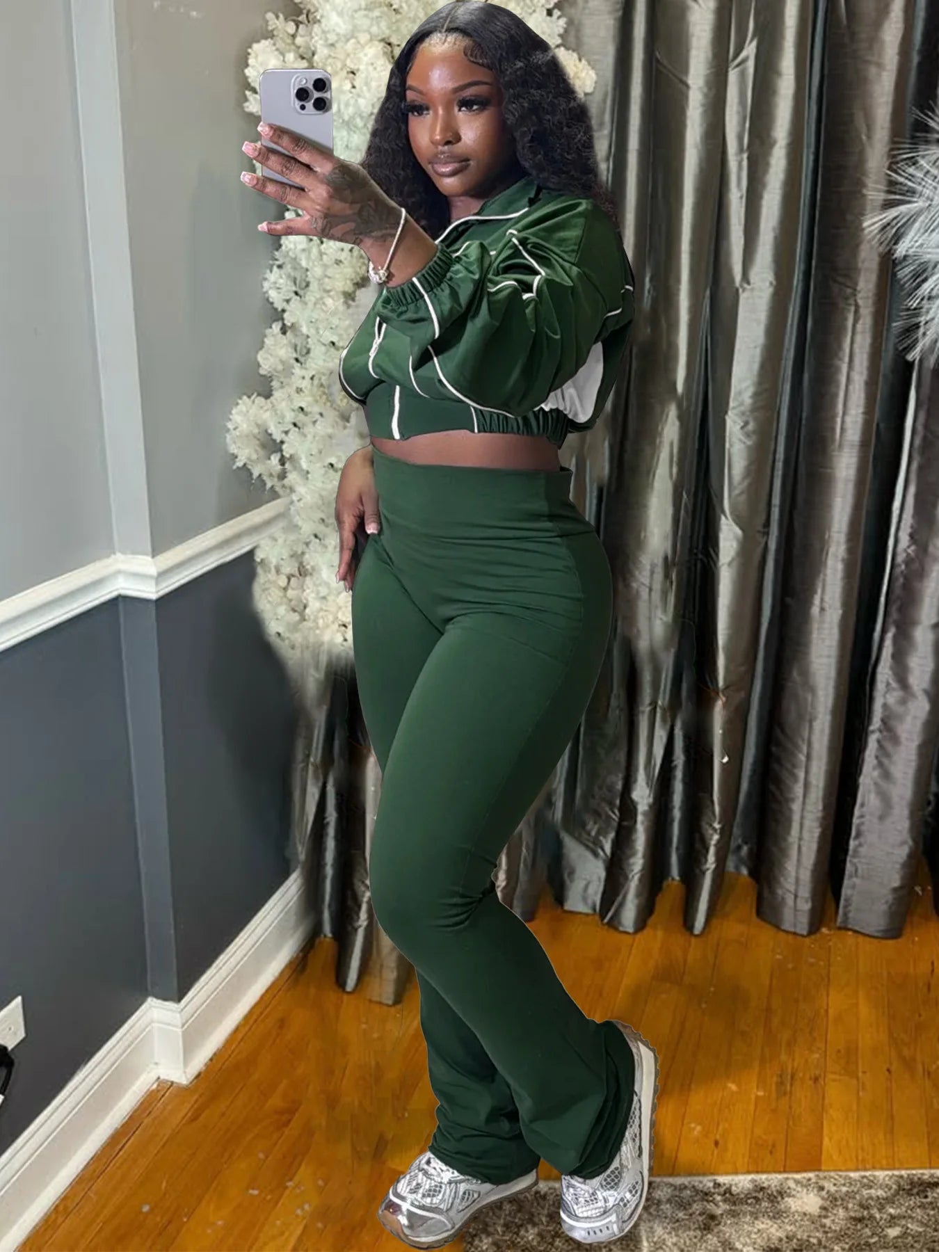 FAGADOER Casual Stripe Patchwork 2 Pieces Set for Woman Zip Long Sleeves Ruched Crop Top + Flare Pants Tracksuit Female Jogger