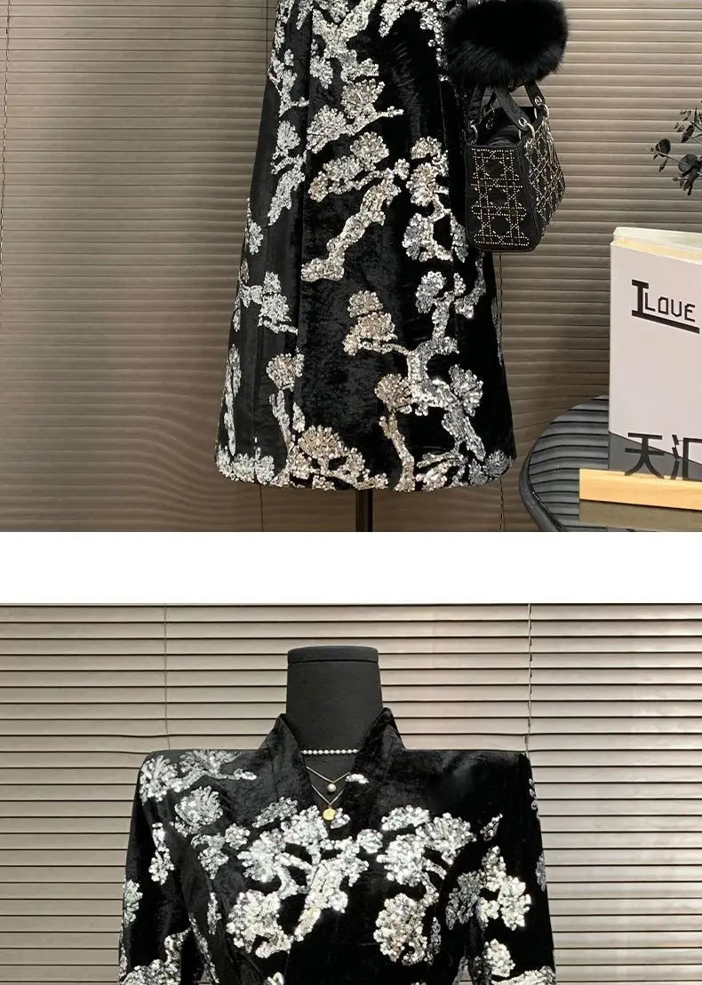 Black Velvet Sequins Windbreaker Coat Autumn/Winter New English style Luxury Sequin Embroidered Women's Coat