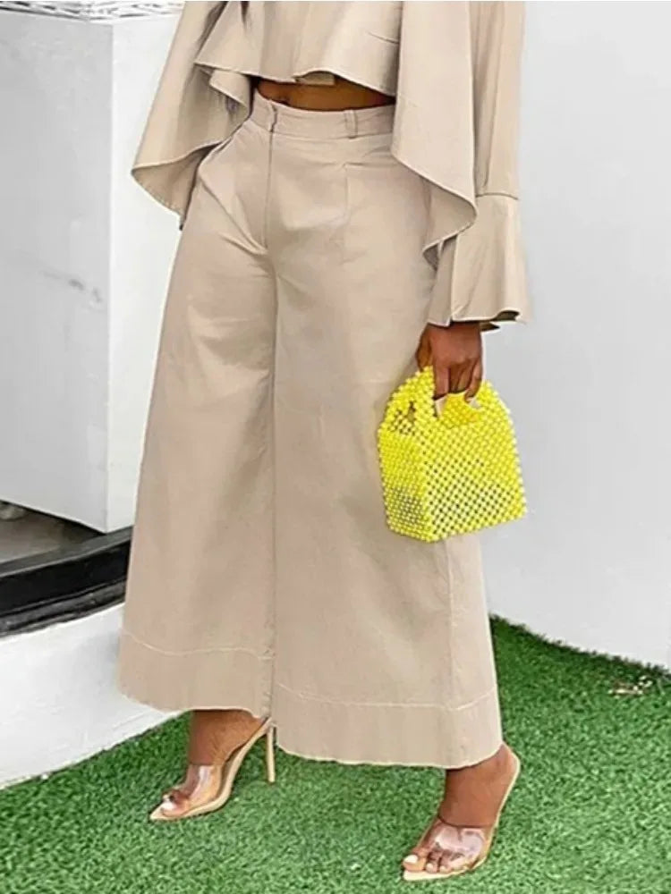 Beautyblue Women's Wide Leg Pants Female Leisure Trousers Fashion Loose Pocket Solid Color Elastic Waist Elegant Office Pants