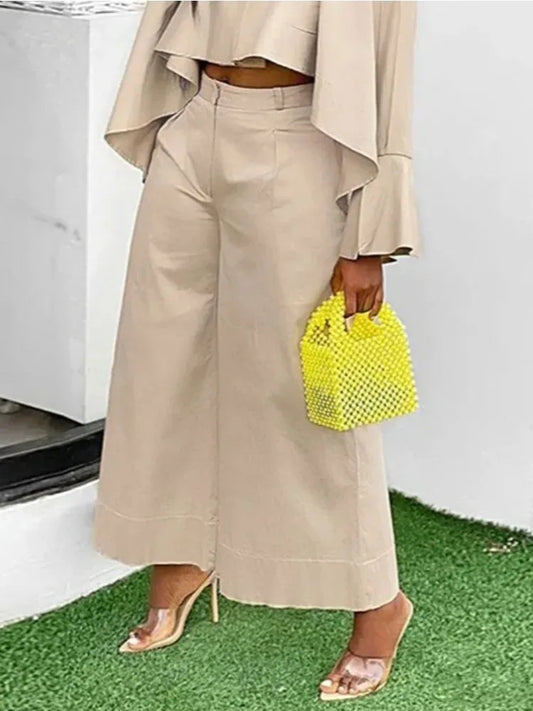 Beautyblue Women's Wide Leg Pants Female Leisure Trousers Fashion Loose Pocket Solid Color Elastic Waist Elegant Office Pants
